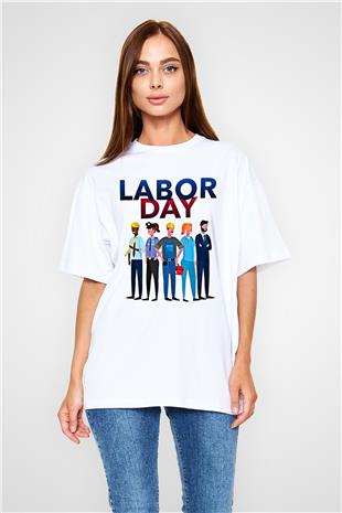 1 Mayıs Baskılı Beyaz Unisex Oversize Tişört - Tshirt