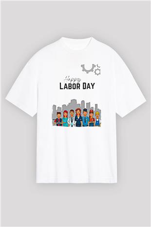 1 Mayıs Baskılı Beyaz Unisex Oversize Tişört - Tshirt