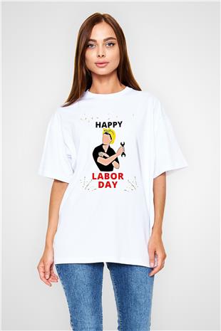 1 Mayıs Baskılı Beyaz Unisex Oversize Tişört - Tshirt