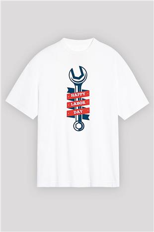 1 Mayıs Baskılı Beyaz Unisex Oversize Tişört - Tshirt