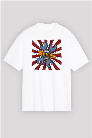 1 Mayıs Baskılı Beyaz Unisex Oversize Tişört - Tshirt