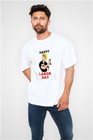 1 Mayıs Baskılı Beyaz Unisex Oversize Tişört - Tshirt