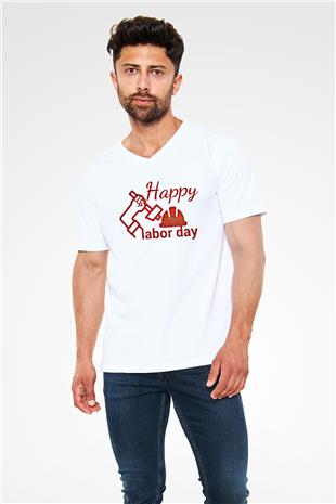 1 Mayıs Baskılı Beyaz Unisex V Yaka Tişört - Tshirt