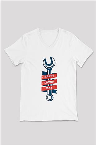 1 Mayıs Baskılı Beyaz Unisex V Yaka Tişört - Tshirt