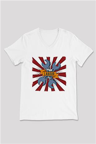 1 Mayıs Baskılı Beyaz Unisex V Yaka Tişört - Tshirt