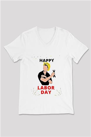 1 Mayıs Baskılı Beyaz Unisex V Yaka Tişört - Tshirt