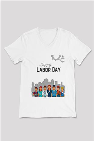 1 Mayıs Baskılı Beyaz Unisex V Yaka Tişört - Tshirt