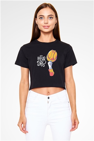 1 Mayıs Baskılı Siyah Crop Top Kadın Tişört - Tshirt