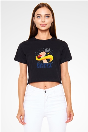 1 Mayıs Baskılı Siyah Crop Top Kadın Tişört - Tshirt