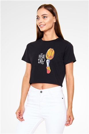 1 Mayıs Baskılı Siyah Crop Top Kadın Tişört - Tshirt