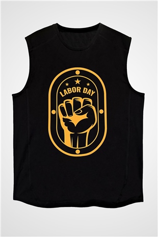 1 Mayıs Baskılı Unisex Siyah Kolsuz Tişört - Tshirt