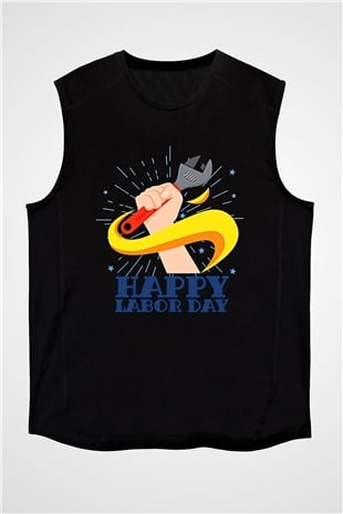 1 Mayıs Baskılı Unisex Siyah Kolsuz Tişört - Tshirt