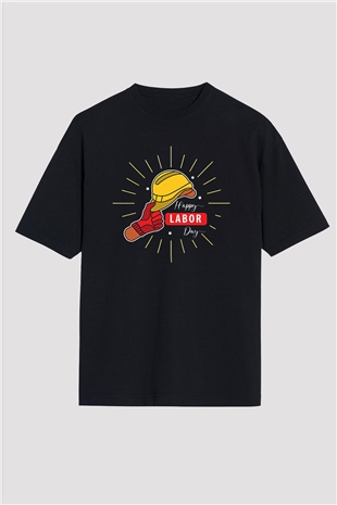 1 Mayıs Baskılı Unisex Siyah Oversize Tişört - Tshirt