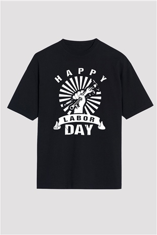1 Mayıs Baskılı Unisex Siyah Oversize Tişört - Tshirt