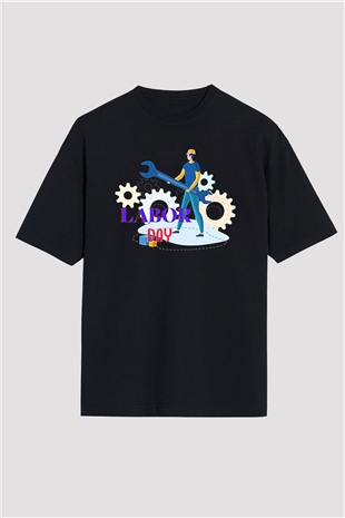 1 Mayıs Baskılı Unisex Siyah Oversize Tişört - Tshirt