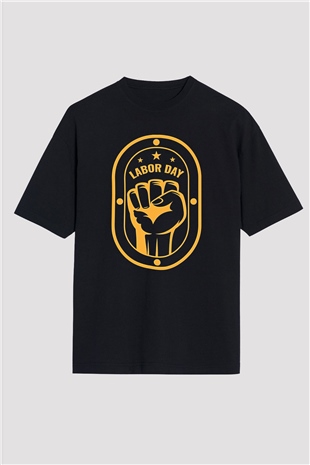 1 Mayıs Baskılı Unisex Siyah Oversize Tişört - Tshirt