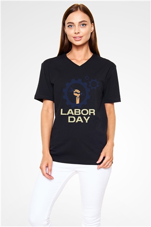 1 Mayıs Baskılı Unisex Siyah V Yaka Tişört - Tshirt