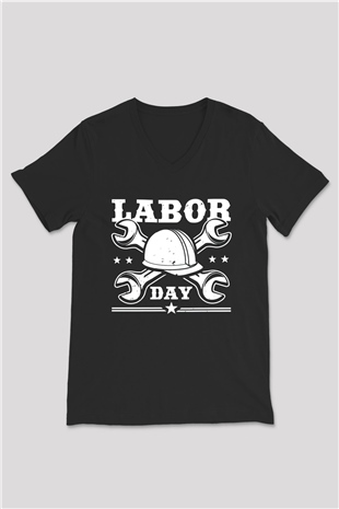 1 Mayıs Baskılı Unisex Siyah V Yaka Tişört - Tshirt