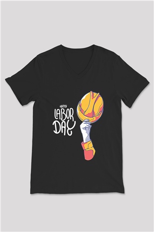 1 Mayıs Baskılı Unisex Siyah V Yaka Tişört - Tshirt