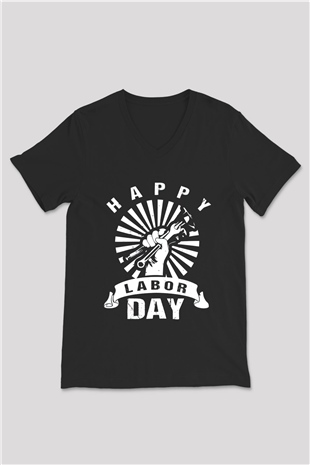 1 Mayıs Baskılı Unisex Siyah V Yaka Tişört - Tshirt