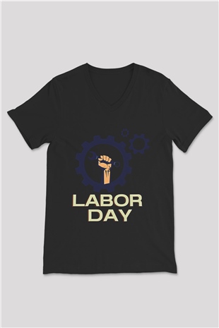 1 Mayıs Baskılı Unisex Siyah V Yaka Tişört - Tshirt