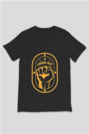 1 Mayıs Baskılı Unisex Siyah V Yaka Tişört - Tshirt