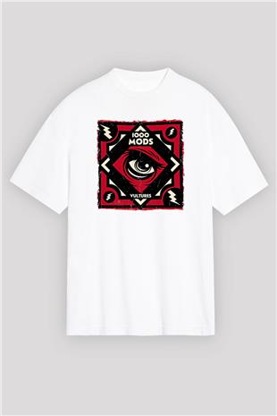 1000mods Baskılı Beyaz Unisex Oversize Tişört - Tshirt