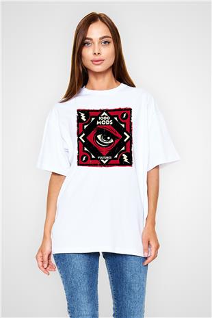 1000mods Baskılı Beyaz Unisex Oversize Tişört - Tshirt