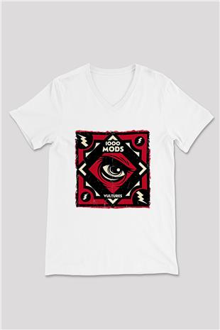 1000mods Baskılı Beyaz Unisex V Yaka Tişört - Tshirt