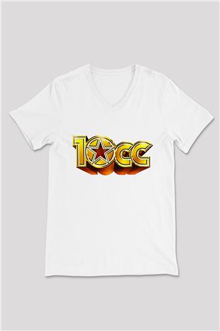 10cc Baskılı Beyaz Unisex V Yaka Tişört - Tshirt