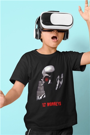 12 Maymun (12 Monkeys) Baskılı Unisex Siyah Çocuk Tişört - Tshirt