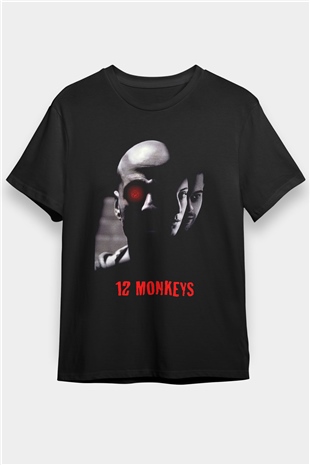 12 Maymun (12 Monkeys) Baskılı Unisex Siyah Tişört - Tshirt