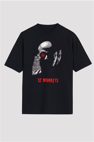12 Maymun (12 Monkeys) Baskılı Unisex Siyah Oversize Tişört - Tshirt