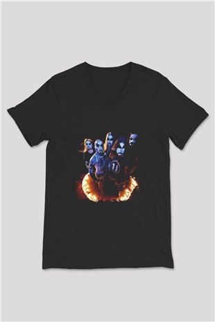 1349 Baskılı Unisex Siyah V Yaka Tişört