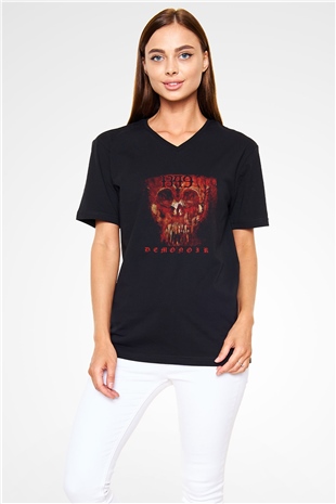 1349 Baskılı Unisex Siyah V Yaka Tişört