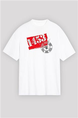 1453 Baskılı Beyaz Unisex Oversize Tişört - Tshirt
