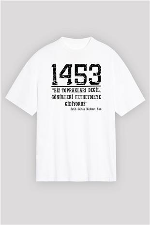 1453 Baskılı Beyaz Unisex Oversize Tişört - Tshirt