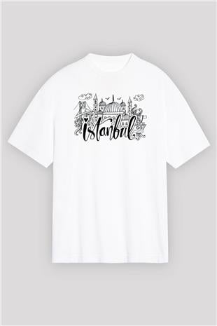 1453 Baskılı Beyaz Unisex Oversize Tişört - Tshirt