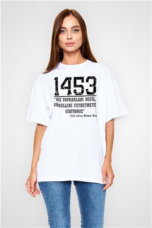 1453 Baskılı Beyaz Unisex Oversize Tişört - Tshirt