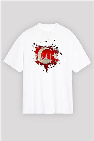 1453 Baskılı Beyaz Unisex Oversize Tişört - Tshirt