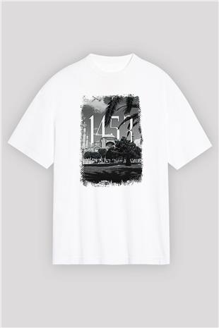 1453 Baskılı Beyaz Unisex Oversize Tişört - Tshirt
