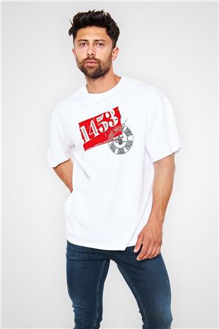 1453 Baskılı Beyaz Unisex Oversize Tişört - Tshirt