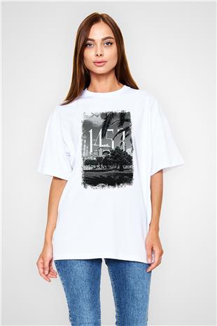 1453 Baskılı Beyaz Unisex Oversize Tişört - Tshirt