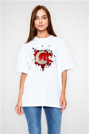 1453 Baskılı Beyaz Unisex Oversize Tişört - Tshirt