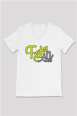 1453 Baskılı Beyaz Unisex V Yaka Tişört - Tshirt