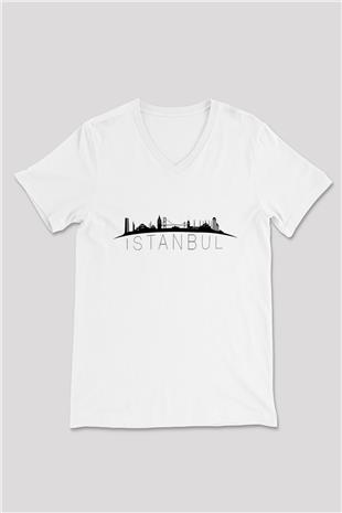 1453 Baskılı Beyaz Unisex V Yaka Tişört - Tshirt