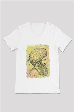 1453 Baskılı Beyaz Unisex V Yaka Tişört - Tshirt