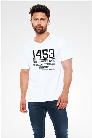 1453 Baskılı Beyaz Unisex V Yaka Tişört - Tshirt