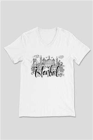 1453 Baskılı Beyaz Unisex V Yaka Tişört - Tshirt