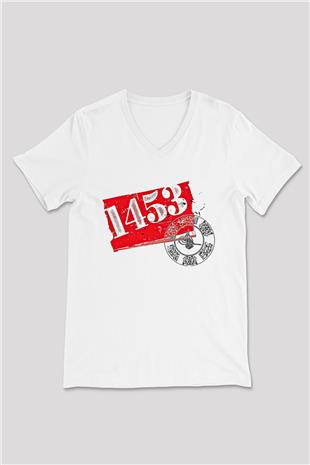1453 Baskılı Beyaz Unisex V Yaka Tişört - Tshirt